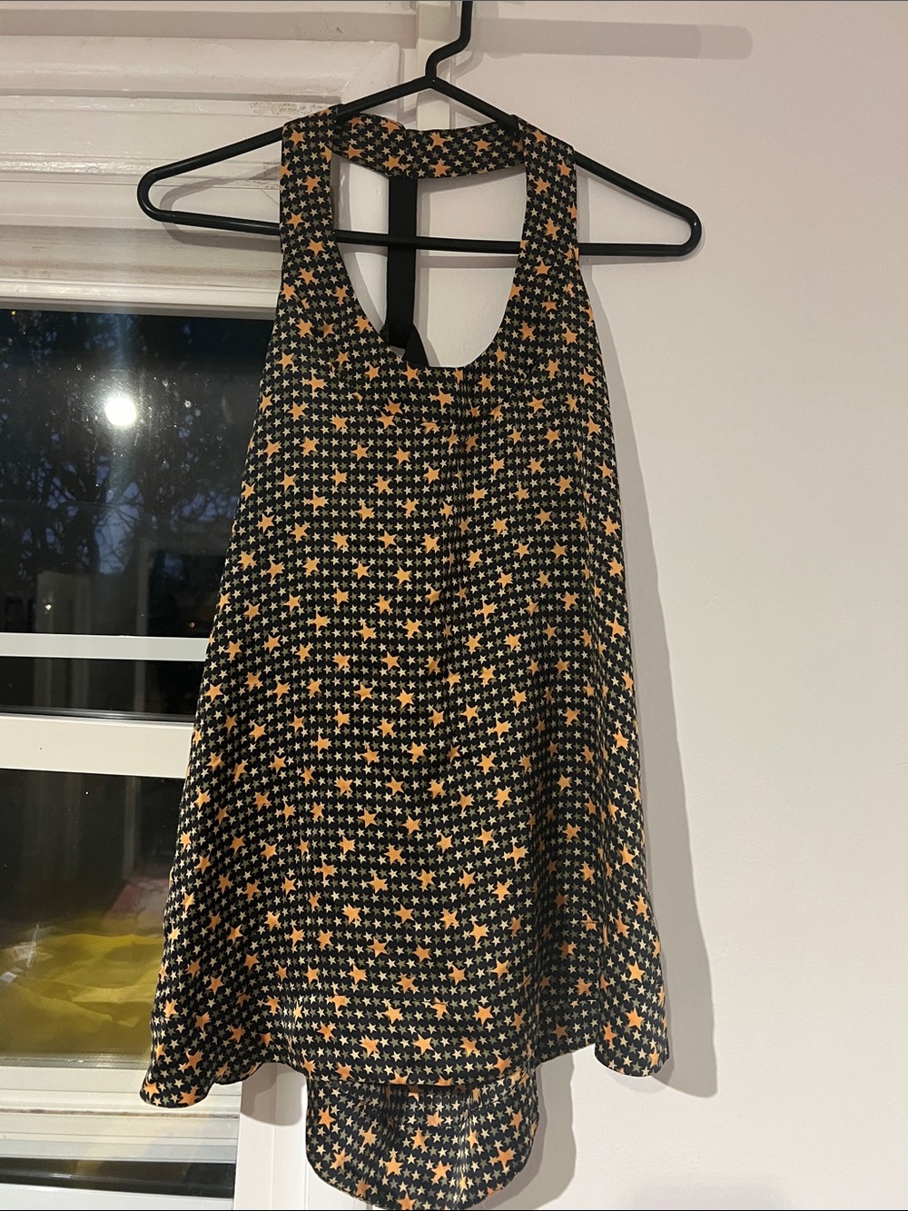 Sleeveless Black Halter Tank Top with Orange Star Print